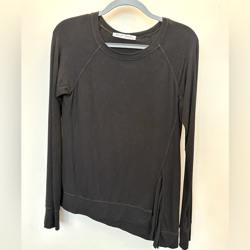 Sea of Pearls LA Long Sleeve Black Top w/ Asymmetrical Hemline